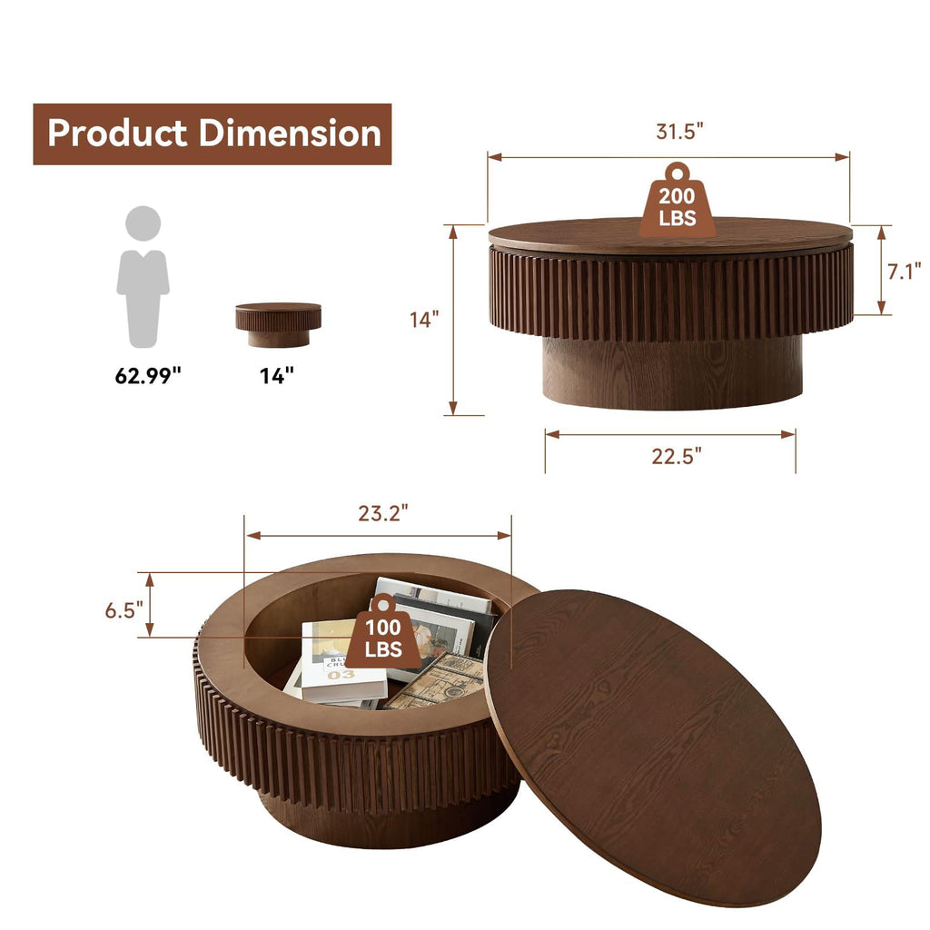 Walnut Round Fluted Coffee Table with Storage P37628