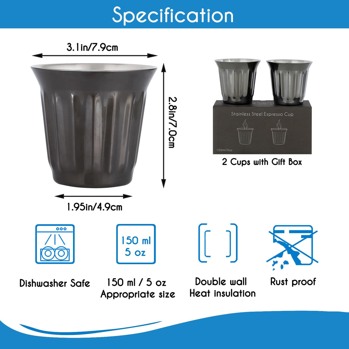 French Press 12 oz, Stainless Steel Double-Wall Espresso Cups 5 oz Set of 2 D2185