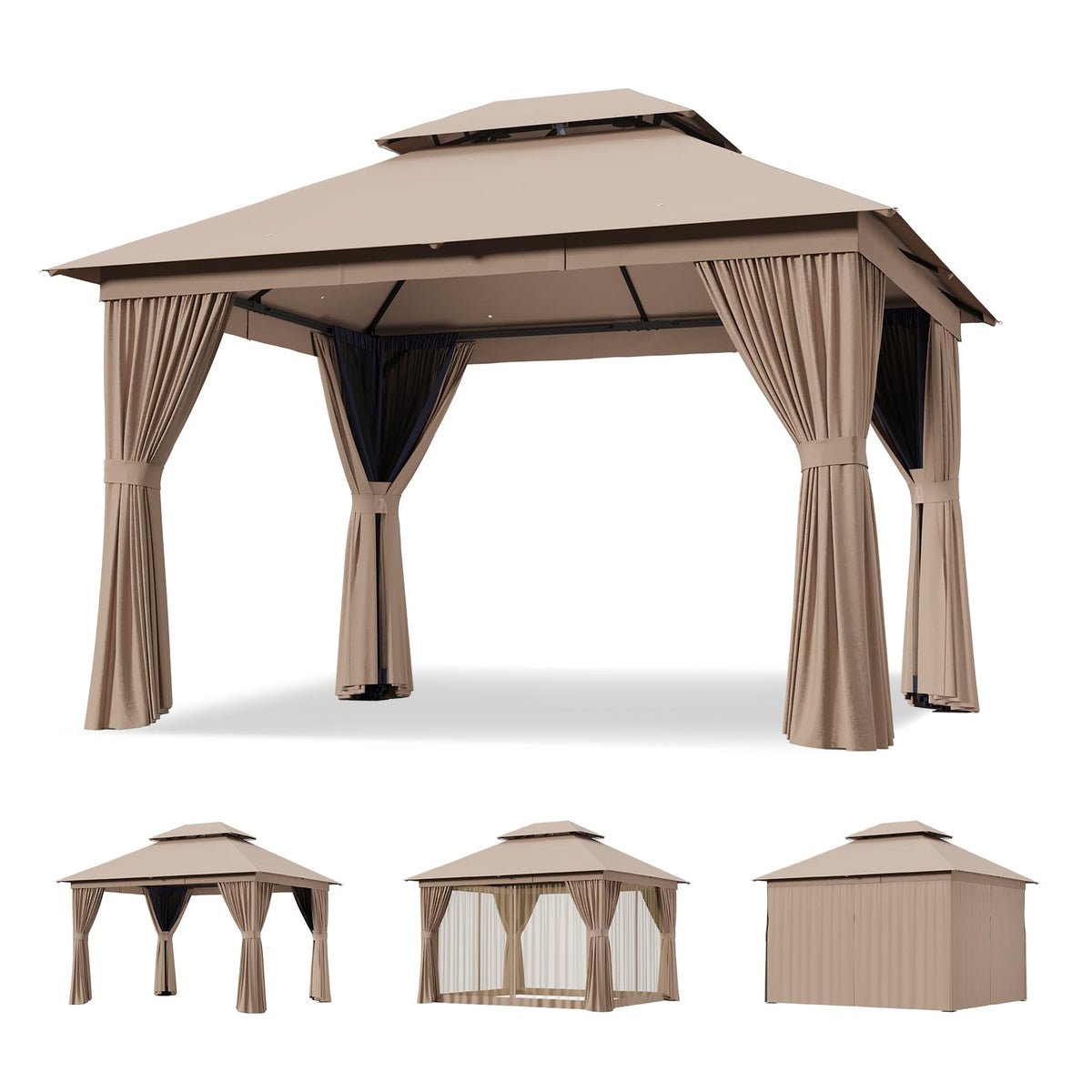 12'x10' Outdoor Gazebo with Curtain & Mosquito Netting, Beige N1048