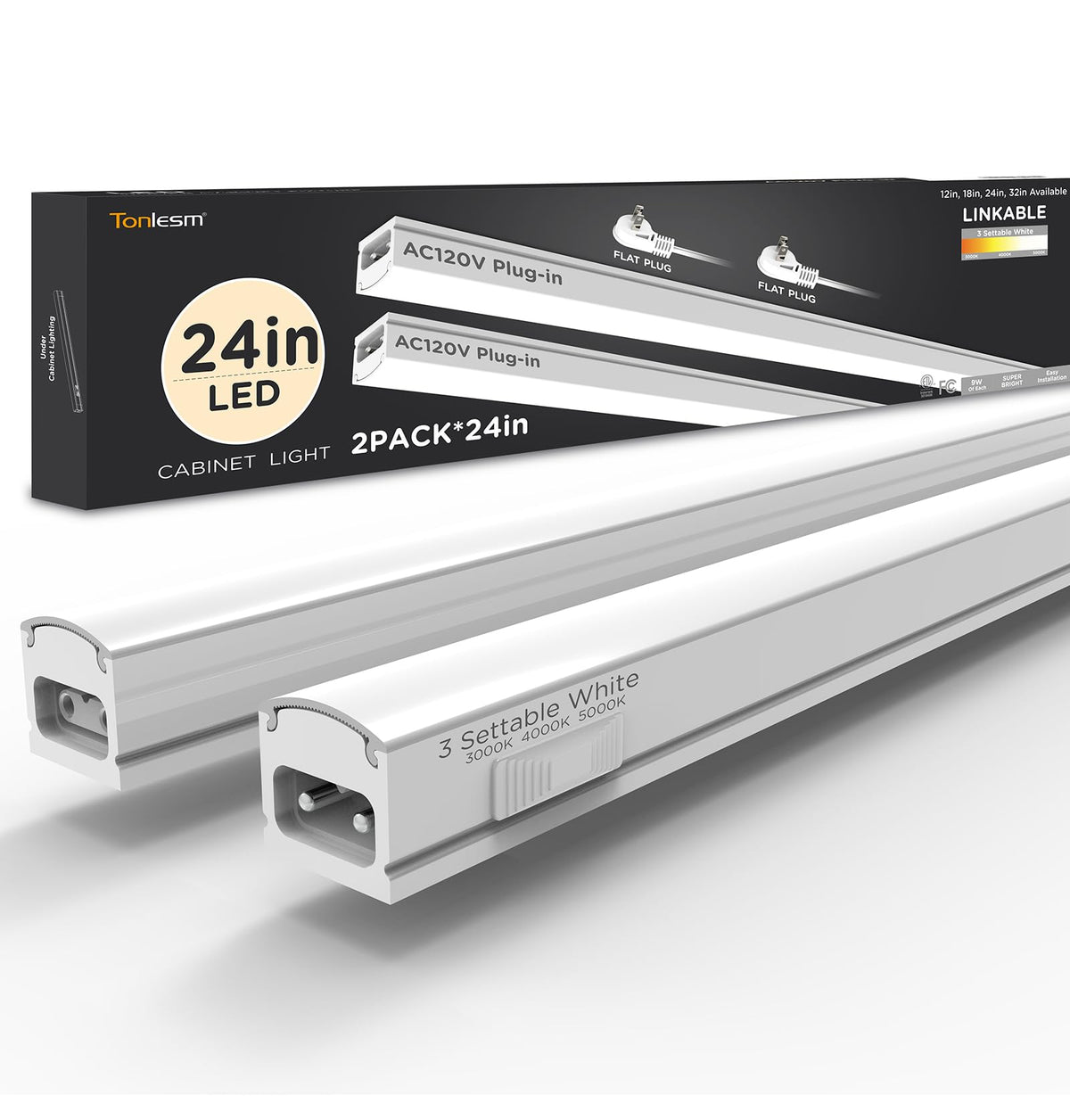 Under Cabinet Lighting Plug in AC120V 3CCT 3000/4000/5000K Linkable Ultra Slim LED Cabinet Light 24inch White 2Pack E6350
