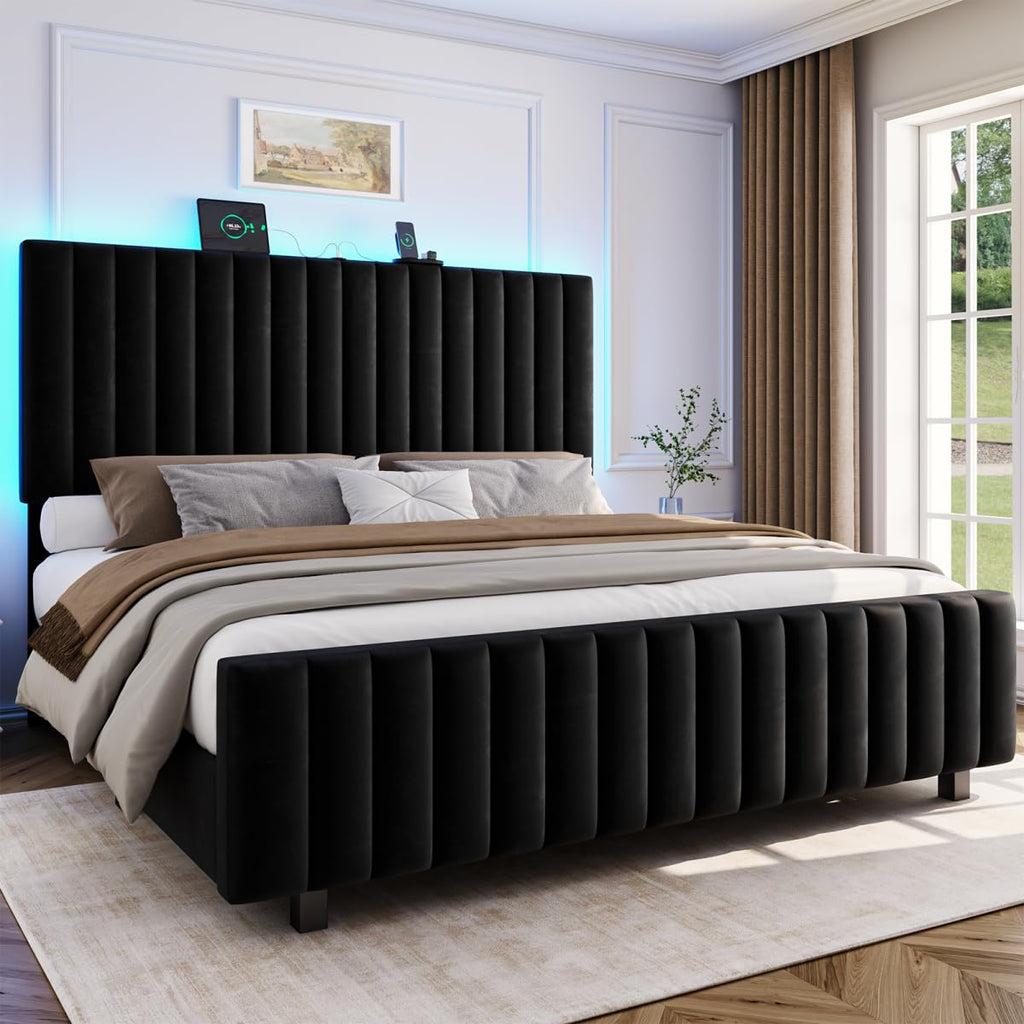 Queen Size Velvet Upholstered Platform Bed Frame with Adjustable Headboard Y34096