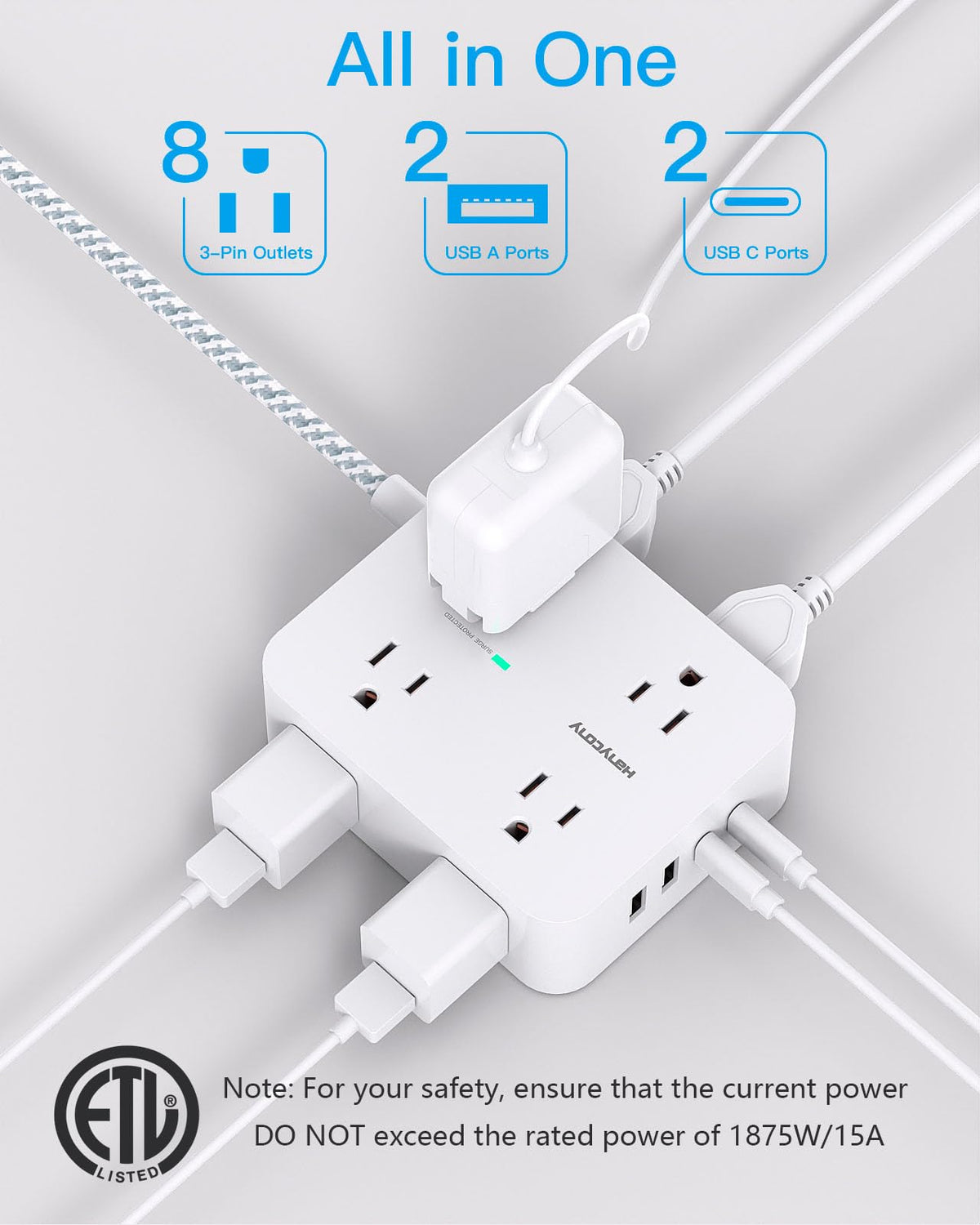 Surge Protector Power Strip 5 Ft Braided Extension Cord U6036