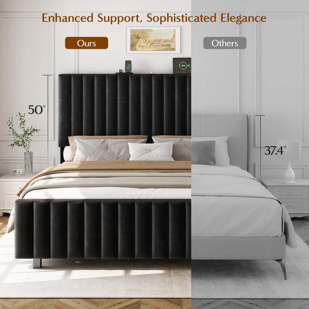 Queen Size Velvet Upholstered Platform Bed Frame with Adjustable Headboard Y34096