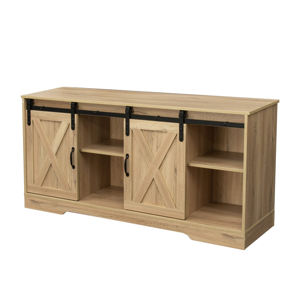Sliding Barn Door Wood TV Stand with Adjustable Shelves V24498