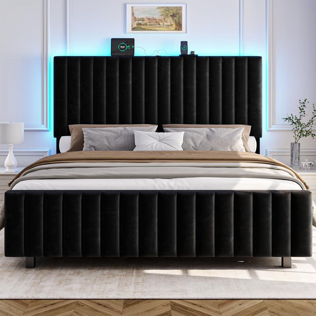 Queen Size Velvet Upholstered Platform Bed Frame with Adjustable Headboard Y34096