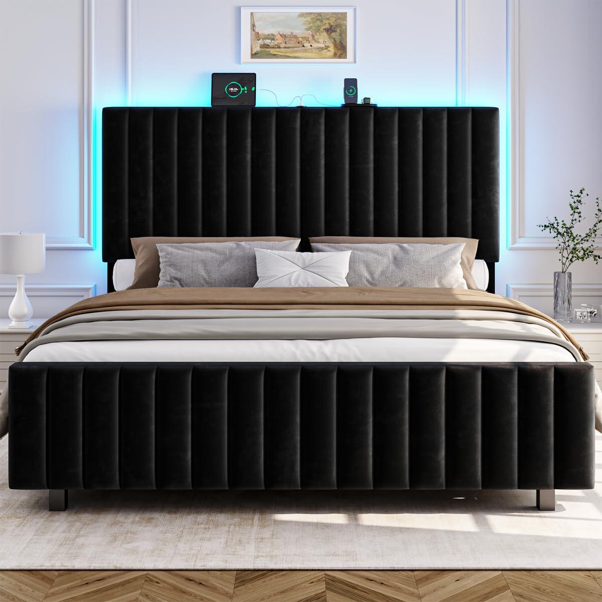 Queen Size Velvet Upholstered Platform Bed Frame with Adjustable Headboard Y34096