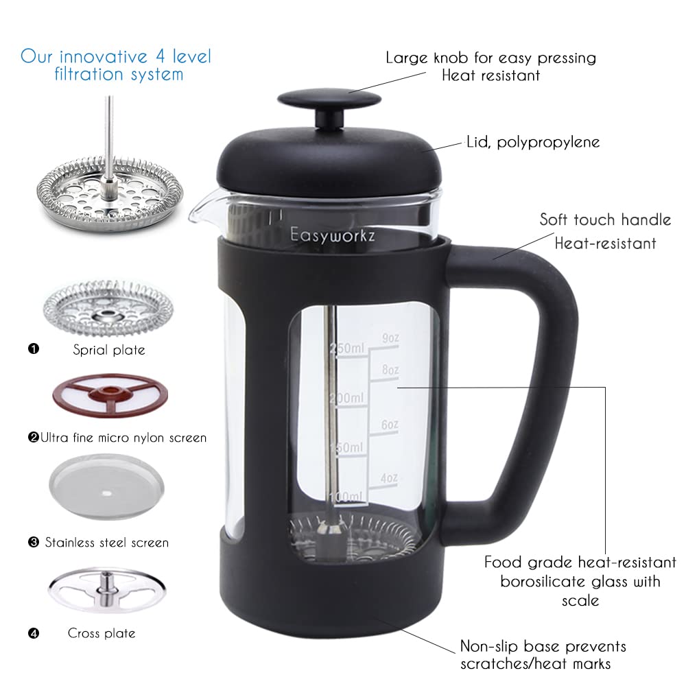French Press 12 oz, Stainless Steel Double-Wall Espresso Cups 5 oz Set of 2 D2185