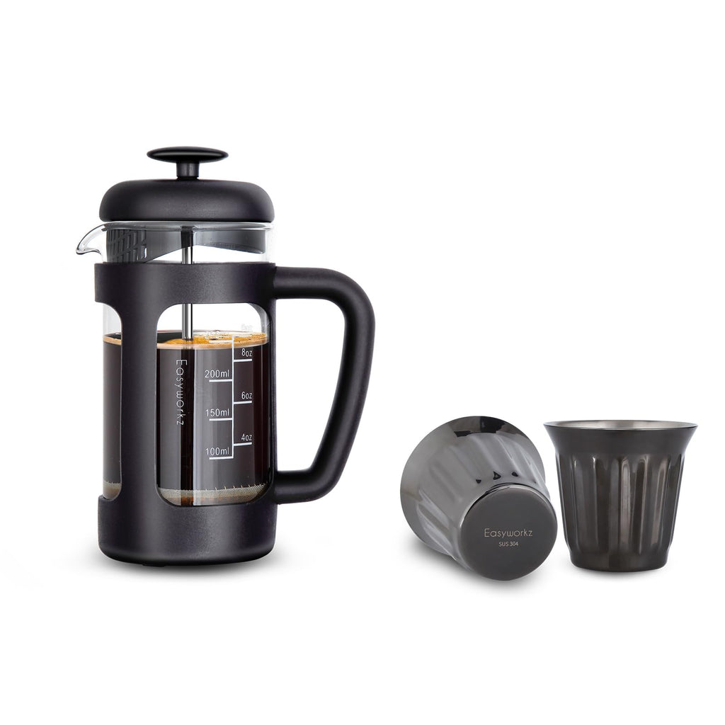 French Press 12 oz, Stainless Steel Double-Wall Espresso Cups 5 oz Set of 2 D2185
