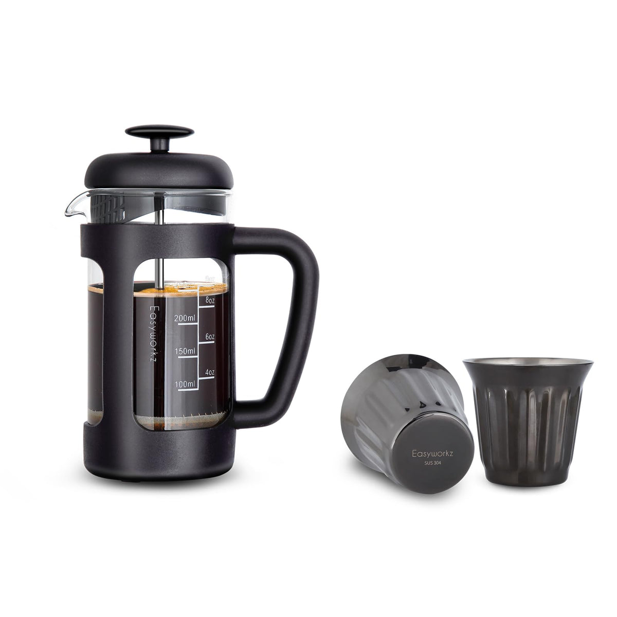 French Press 12 oz, Stainless Steel Double-Wall Espresso Cups 5 oz Set of 2 D2185