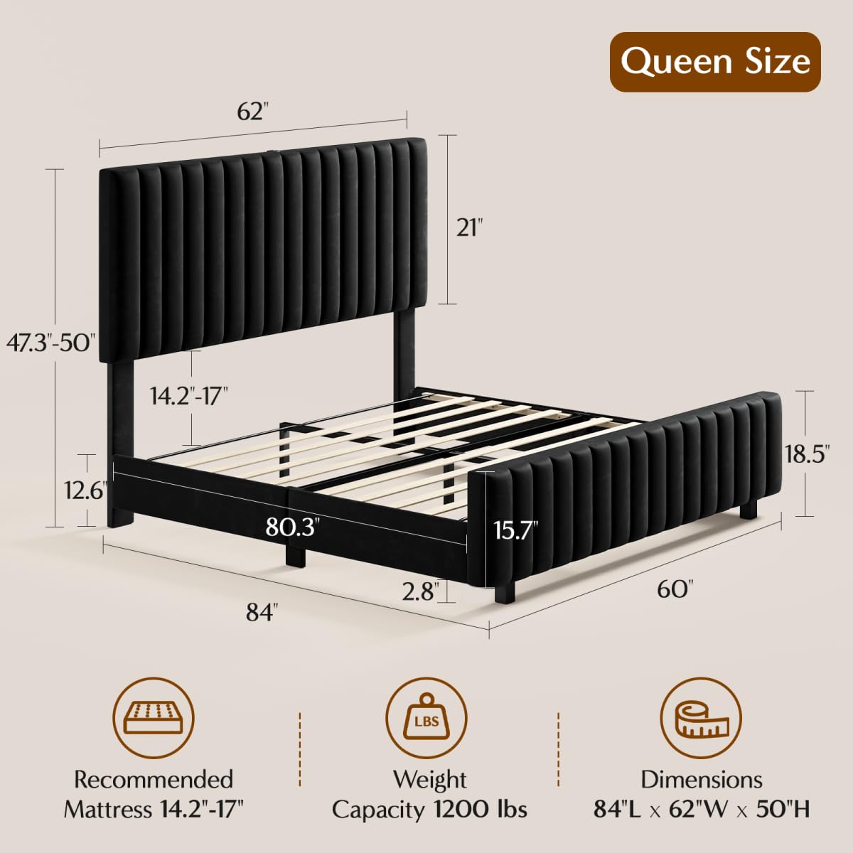 Queen Size Velvet Upholstered Platform Bed Frame with Adjustable Headboard Y34096