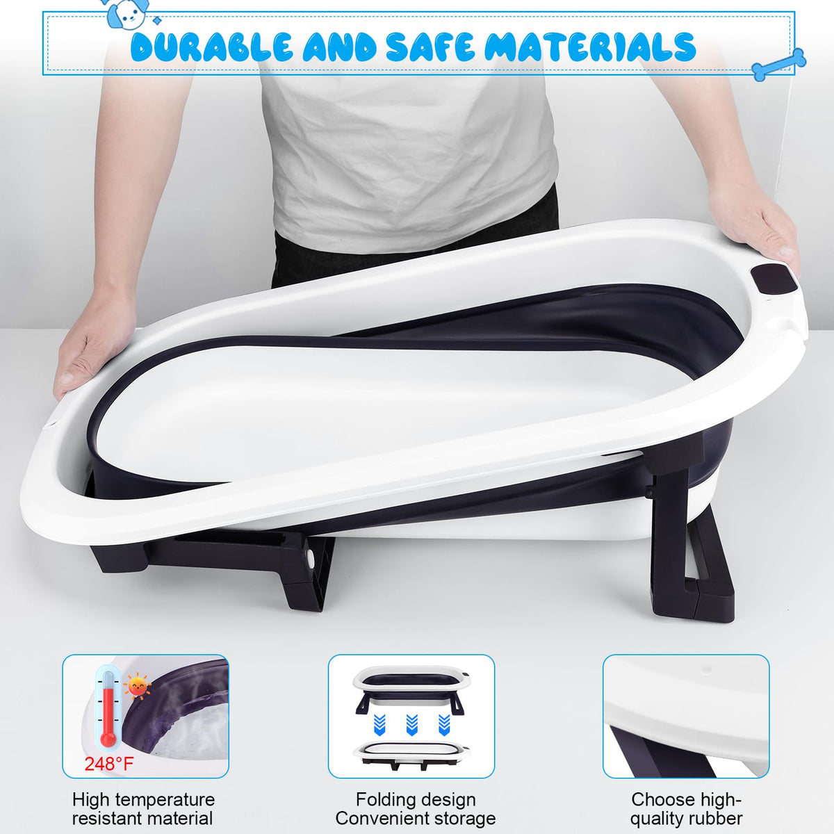 Collapsible Pet Bathtub with Water Drain Plug and Grooming Brush O538