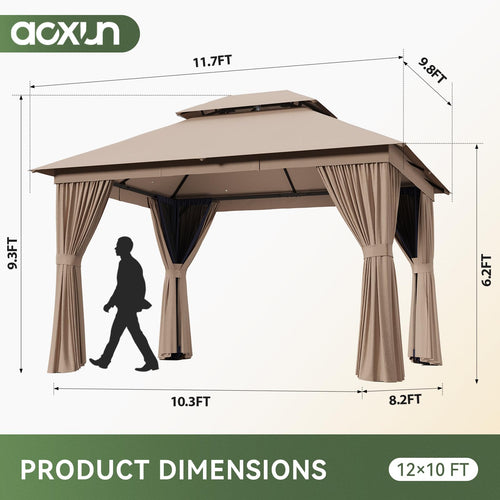 12'x10' Outdoor Gazebo with Curtain & Mosquito Netting, Beige N1048