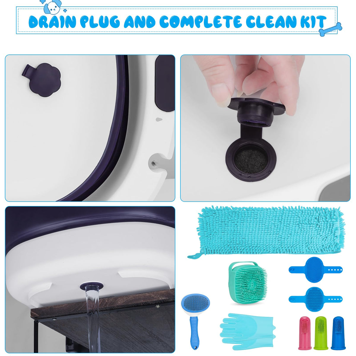 Collapsible Pet Bathtub with Water Drain Plug and Grooming Brush O538