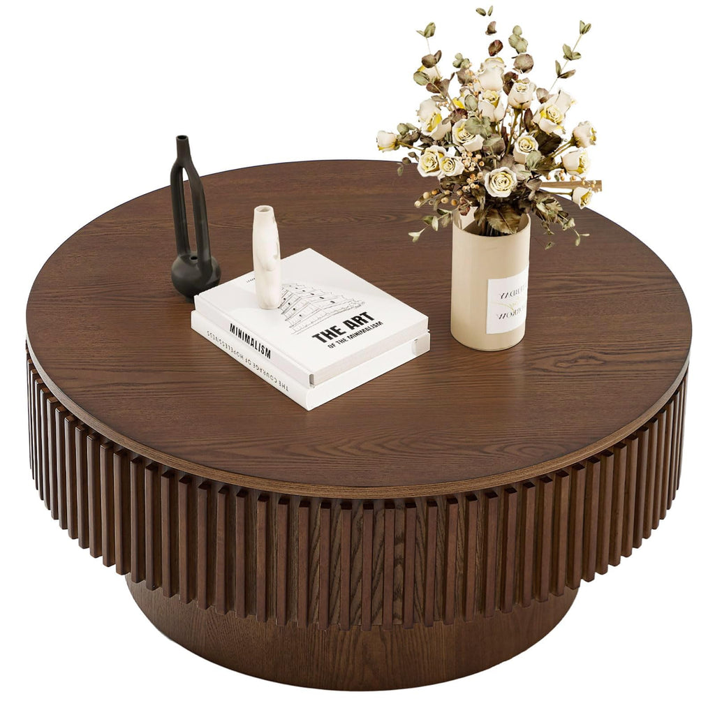 Walnut Round Fluted Coffee Table with Storage P37628