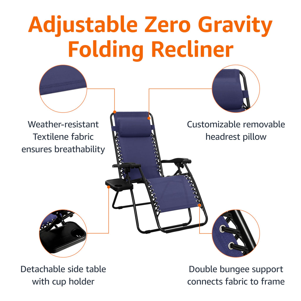 Blue Set of 2 Adjustable Zero Gravity Lounge Chair with Cup Holder Q724666