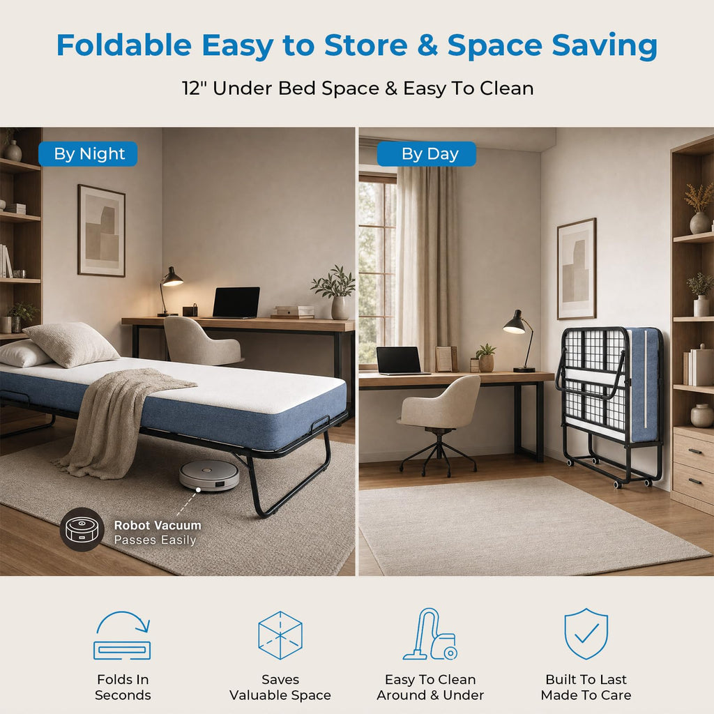 Folding Bed with 5" Foam Mattress Queen Size Metal Frame I22652