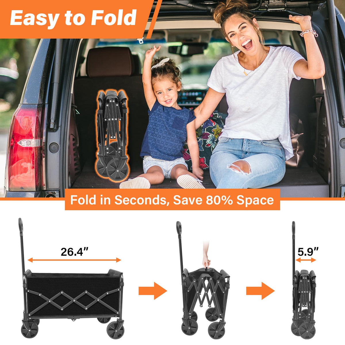 Foldable Collapsible Wagon Cart with Wheels, 280 lbs Heavy Duty Capacity, Graphite Black J10200