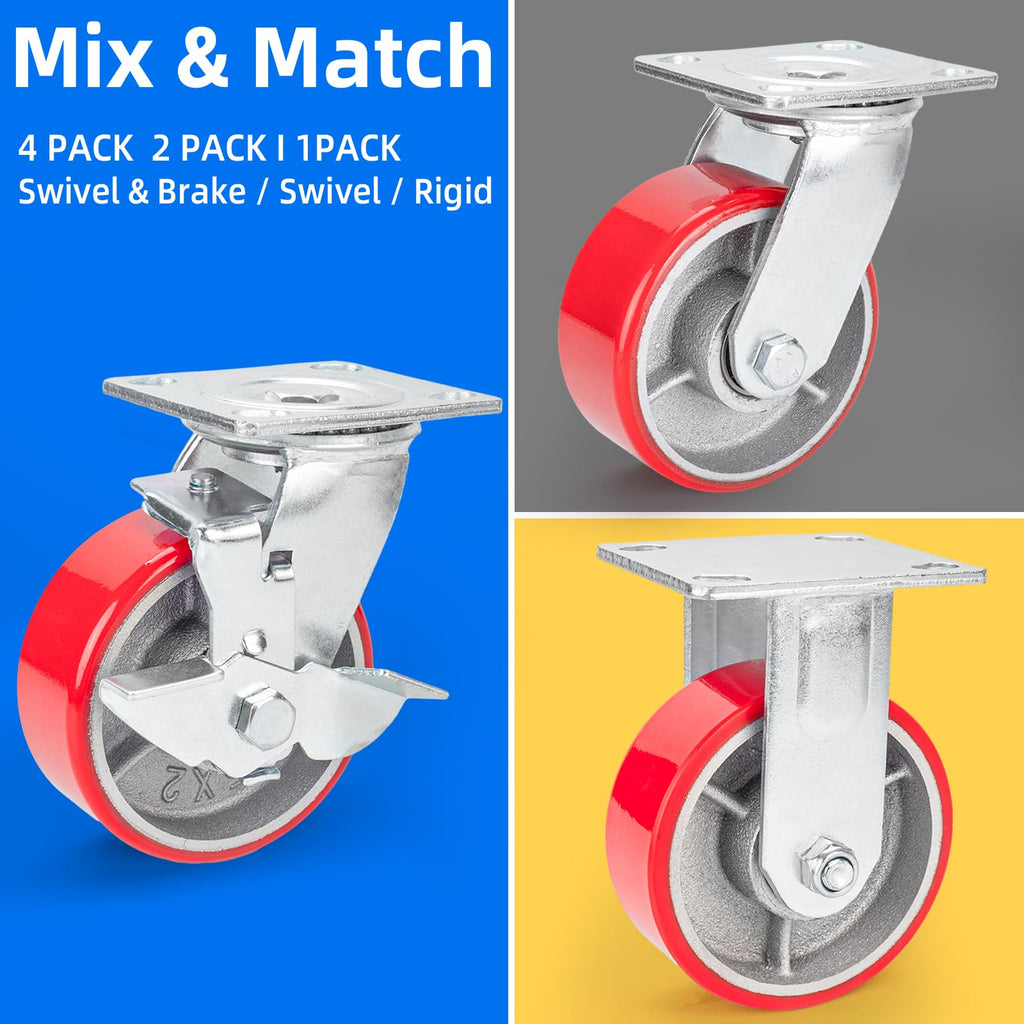 5 Inch Polyurethane Swivel Plate Casters Set of 4 with Brake Q90446
