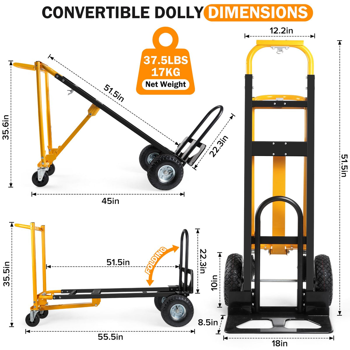 3 in 1 Convertible Hand Truck Dolly Cart with 10" Pneumatic Wheels, 1000LBS Capacity H288715