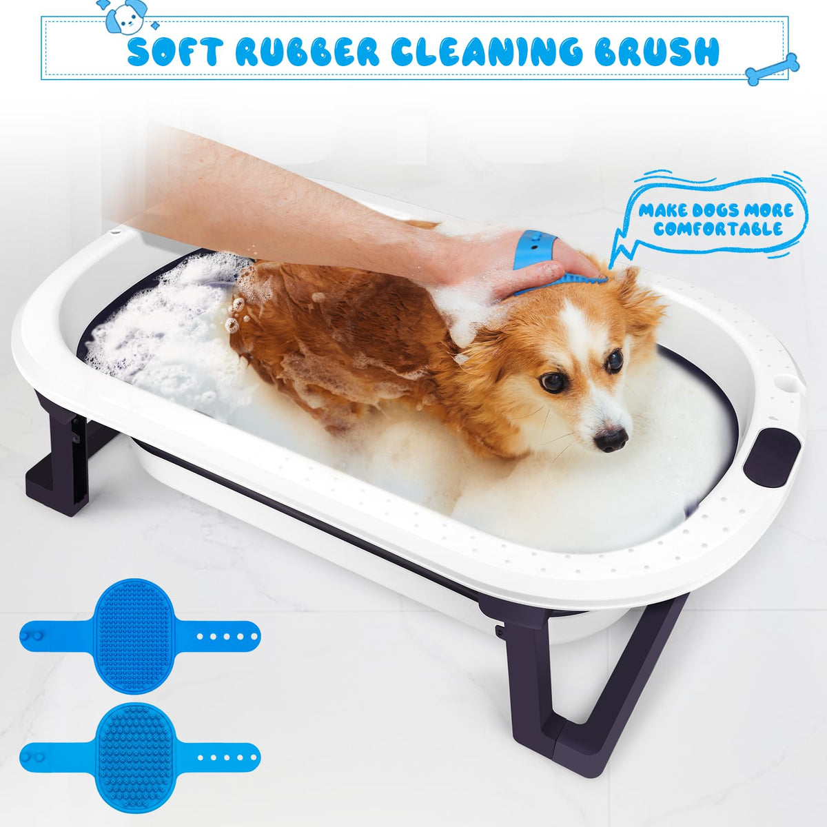 Collapsible Pet Bathtub with Water Drain Plug and Grooming Brush O538