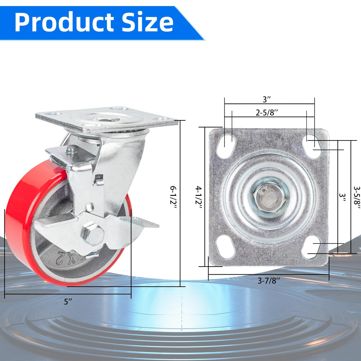 5 Inch Polyurethane Swivel Plate Casters Set of 4 with Brake Q90446