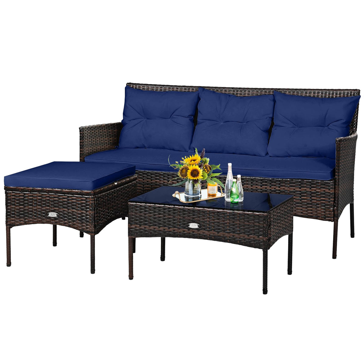 3 Pieces PE Rattan Wicker Patio Conversation Set with Cushions R5882