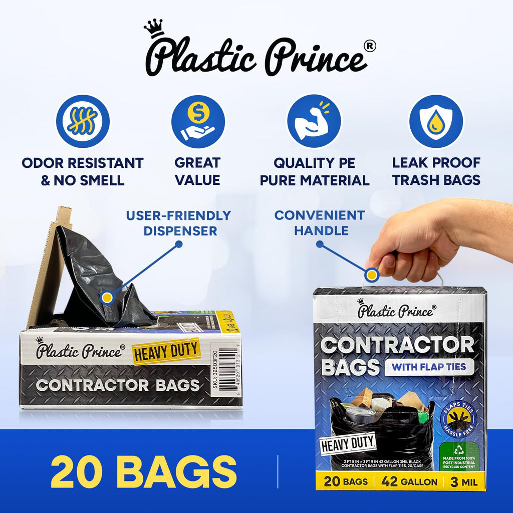 Black 42 Gallon 3 Mil Plastic Contractor Bags Pack of 20 W113
