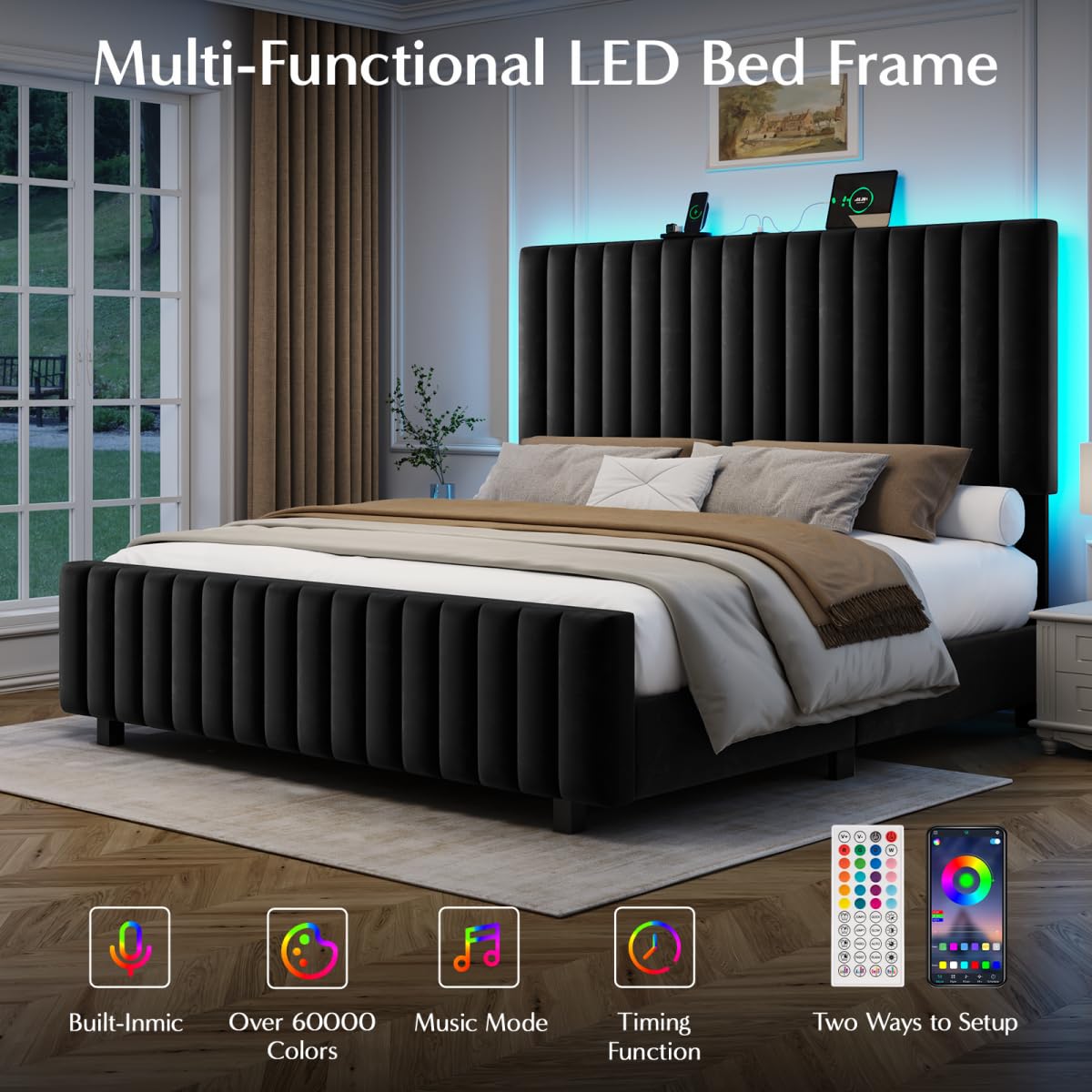 Queen Size Velvet Upholstered Platform Bed Frame with Adjustable Headboard Y34096