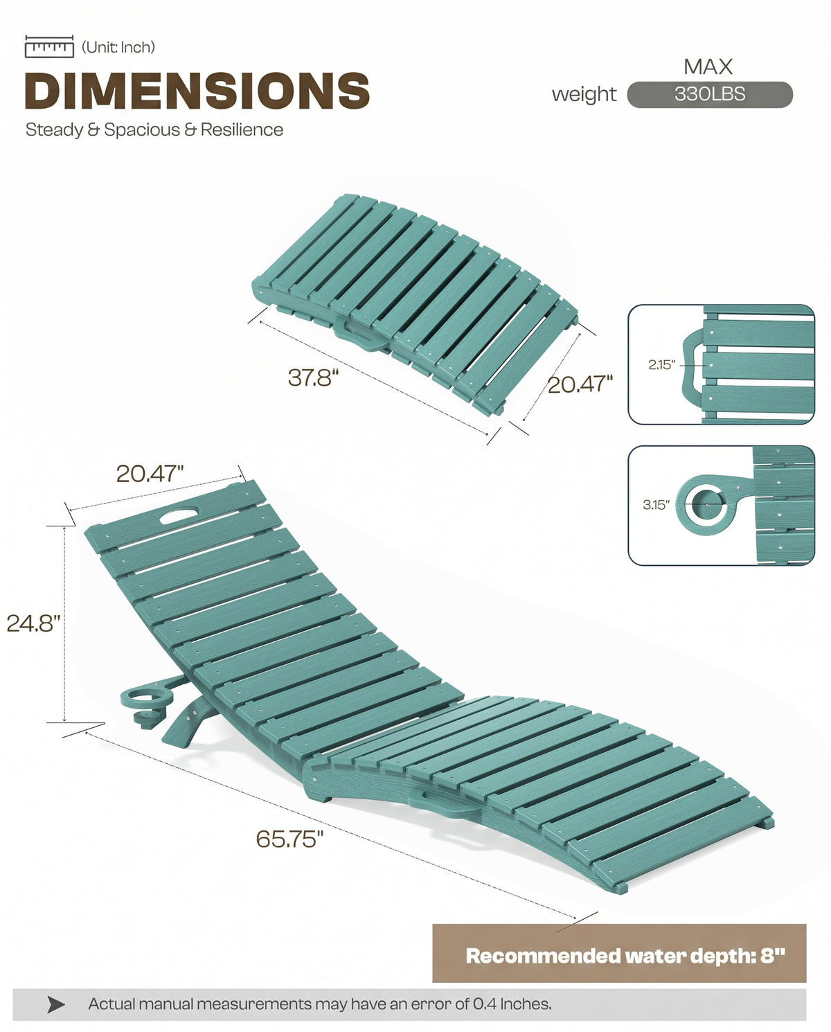 Blue HDPE Pool Chaise Lounge Chairs with Cup Holder, Set of 2 U500
