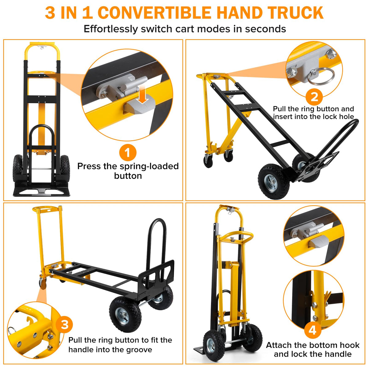3 in 1 Convertible Hand Truck Dolly Cart with 10" Pneumatic Wheels, 1000LBS Capacity H288715