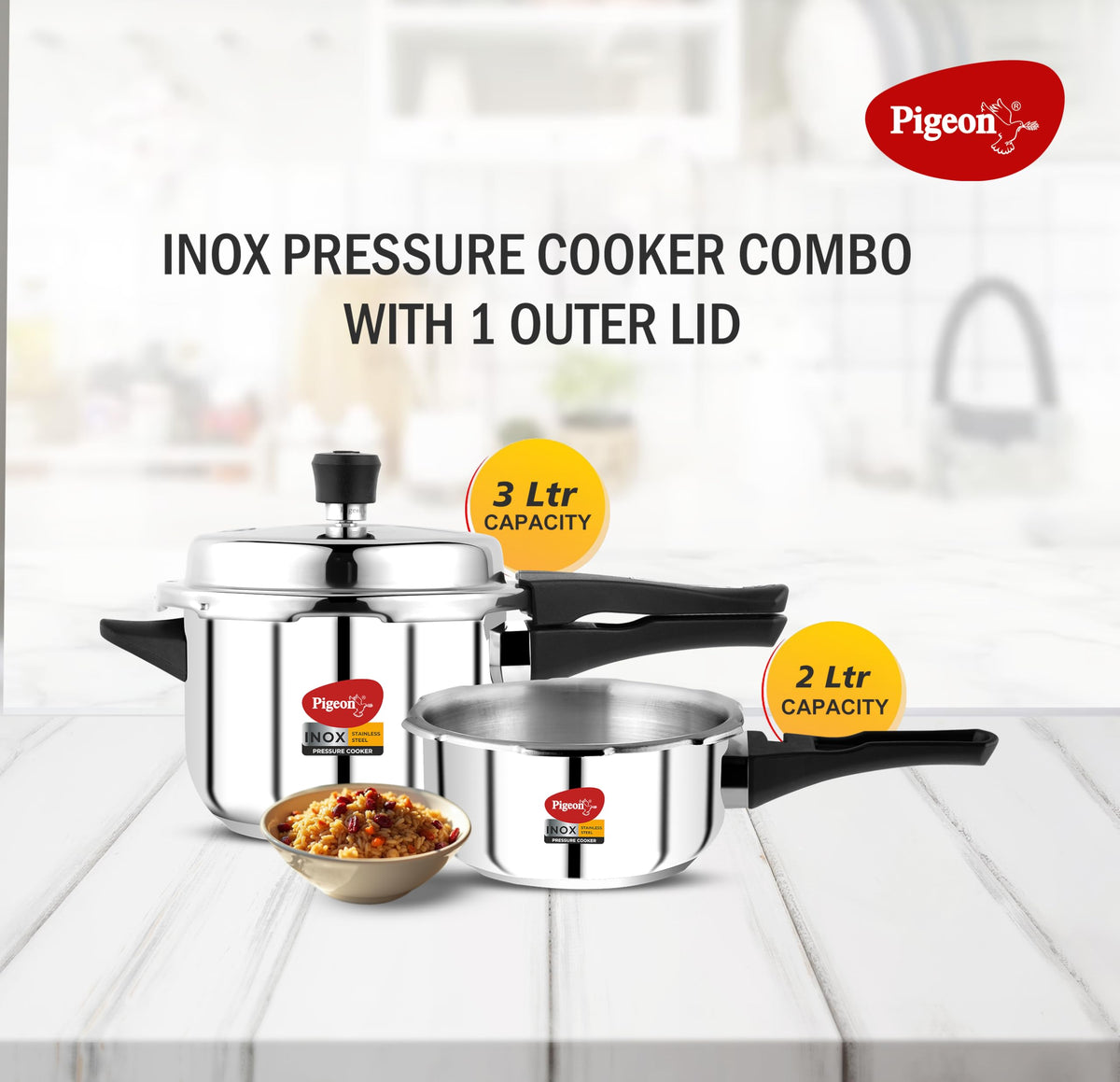 Stainless Steel Pressure Cooker Combo with Induction Base, Outer Lid 2 Liter and 3 Liter F401740