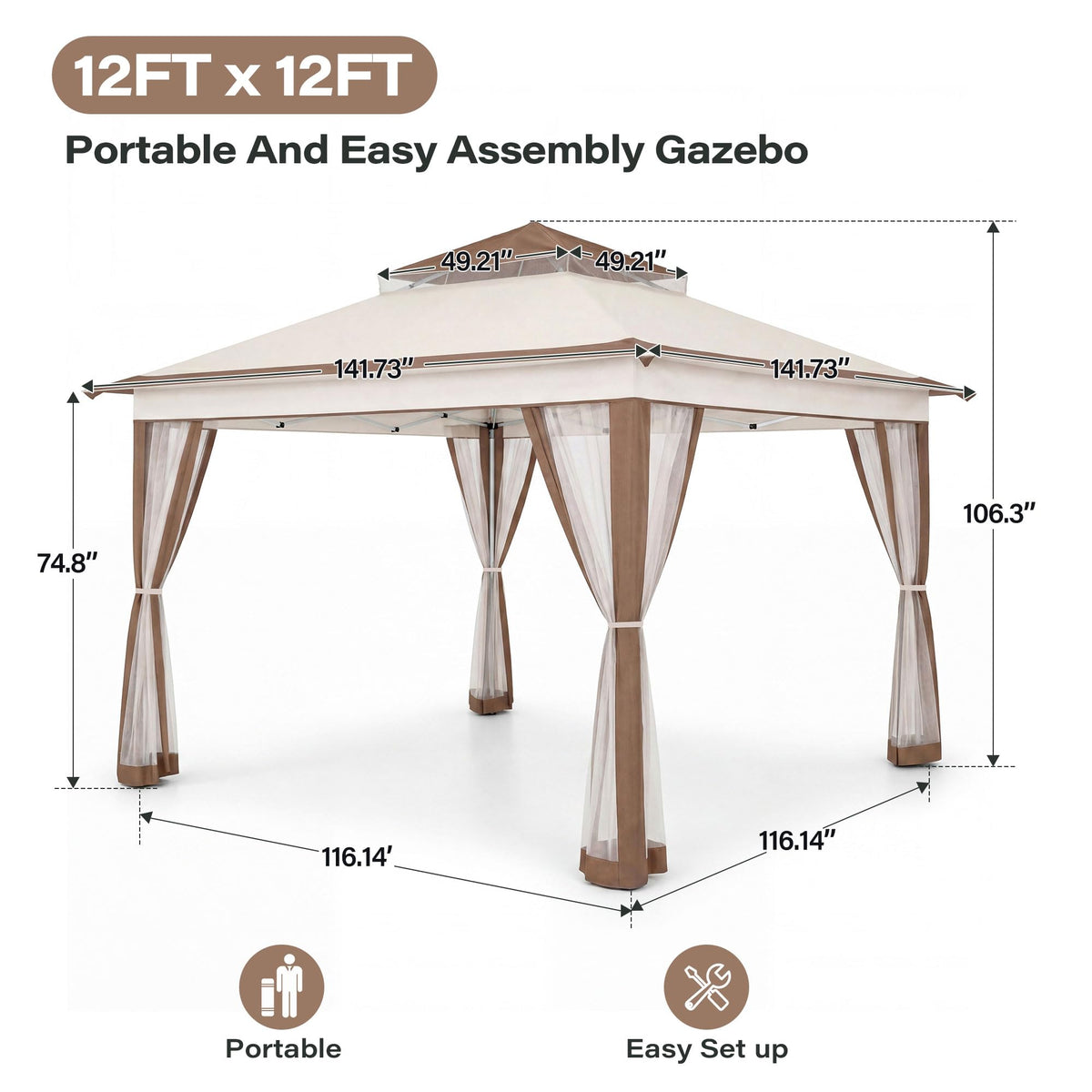 12x12 Pop Up Gazebo Canopy Tent with Mosquito Netting, Khaki N81086