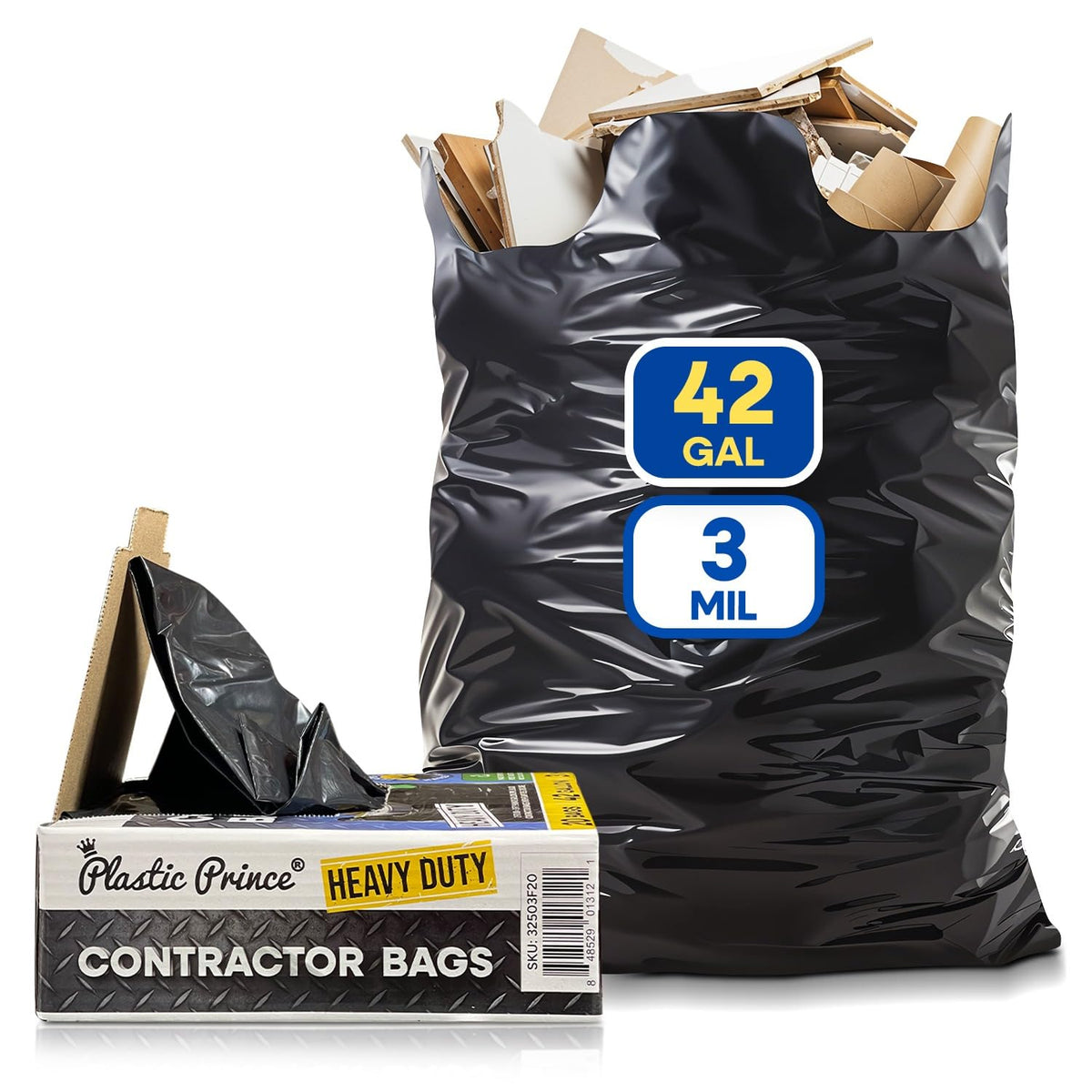 Black 42 Gallon 3 Mil Plastic Contractor Bags Pack of 20 W113