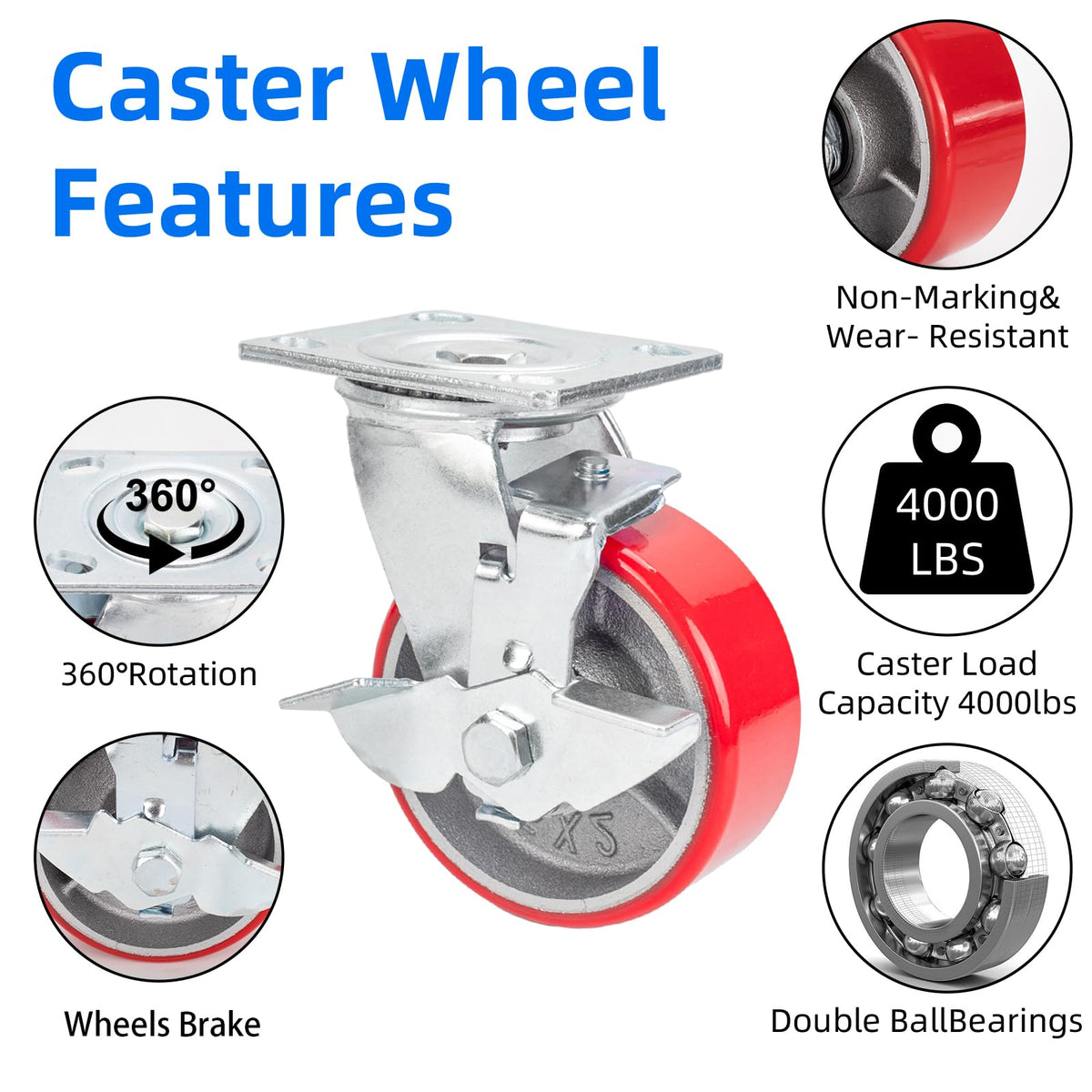 5 Inch Polyurethane Swivel Plate Casters Set of 4 with Brake Q90446
