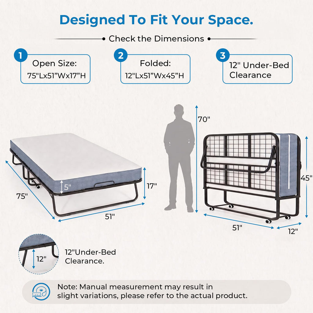 Folding Bed with 5" Foam Mattress Queen Size Metal Frame I22652