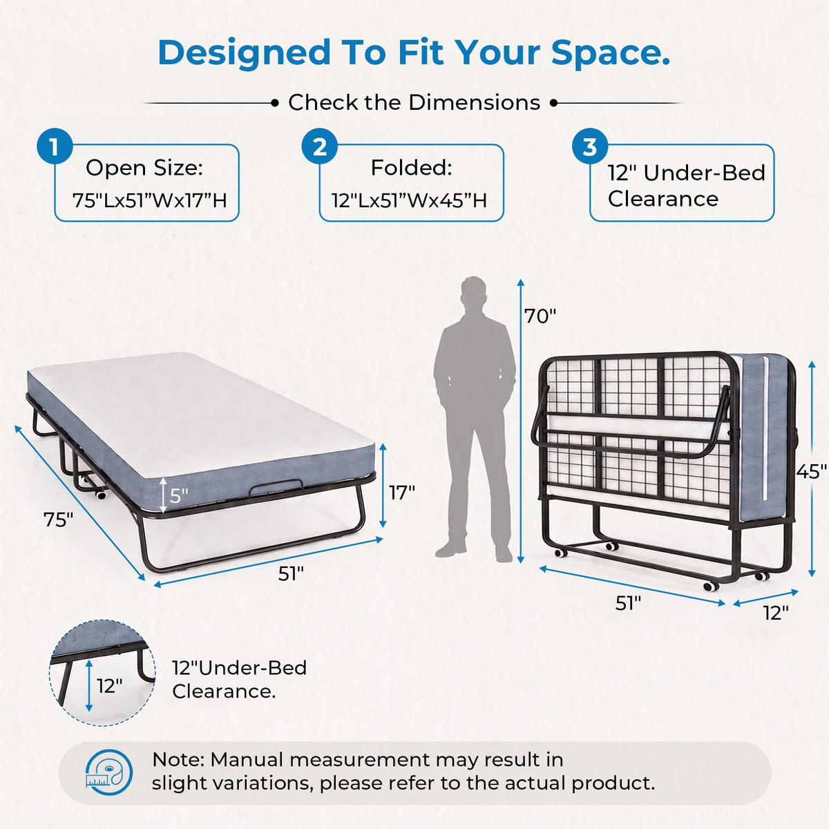 Folding Bed with 5" Foam Mattress Queen Size Metal Frame I22652
