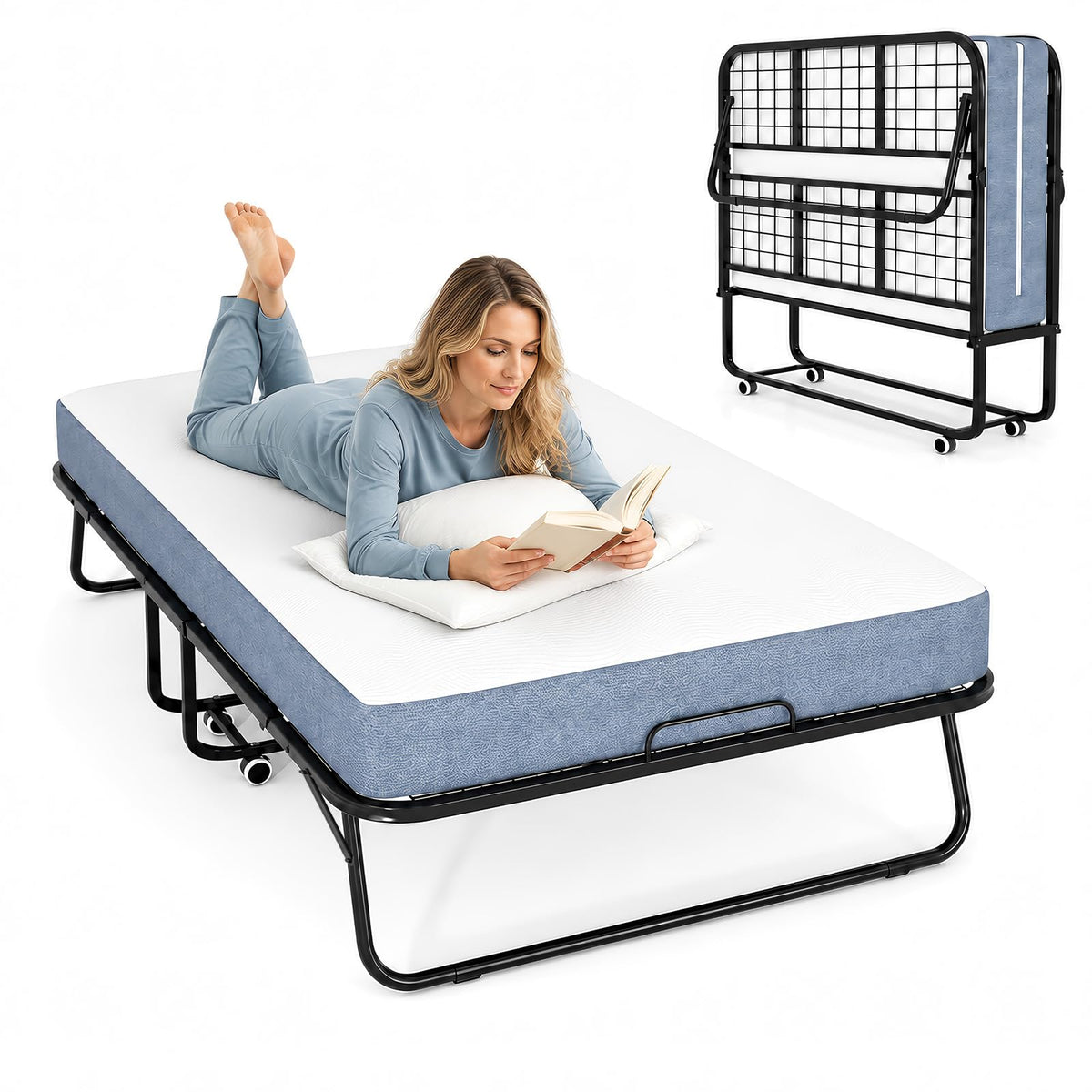 Folding Bed with 5" Foam Mattress Queen Size Metal Frame I22652