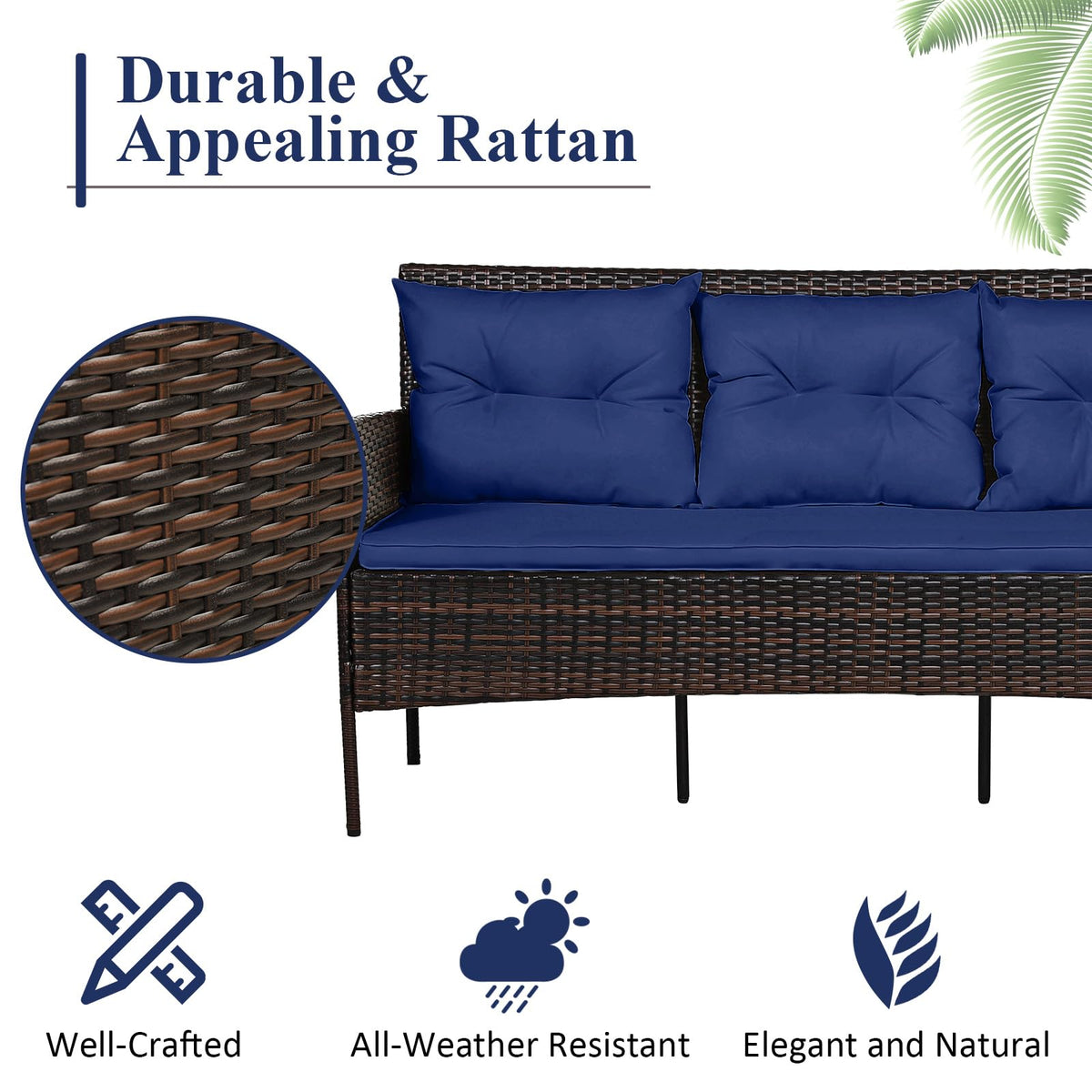 3 Pieces PE Rattan Wicker Patio Conversation Set with Cushions R5882