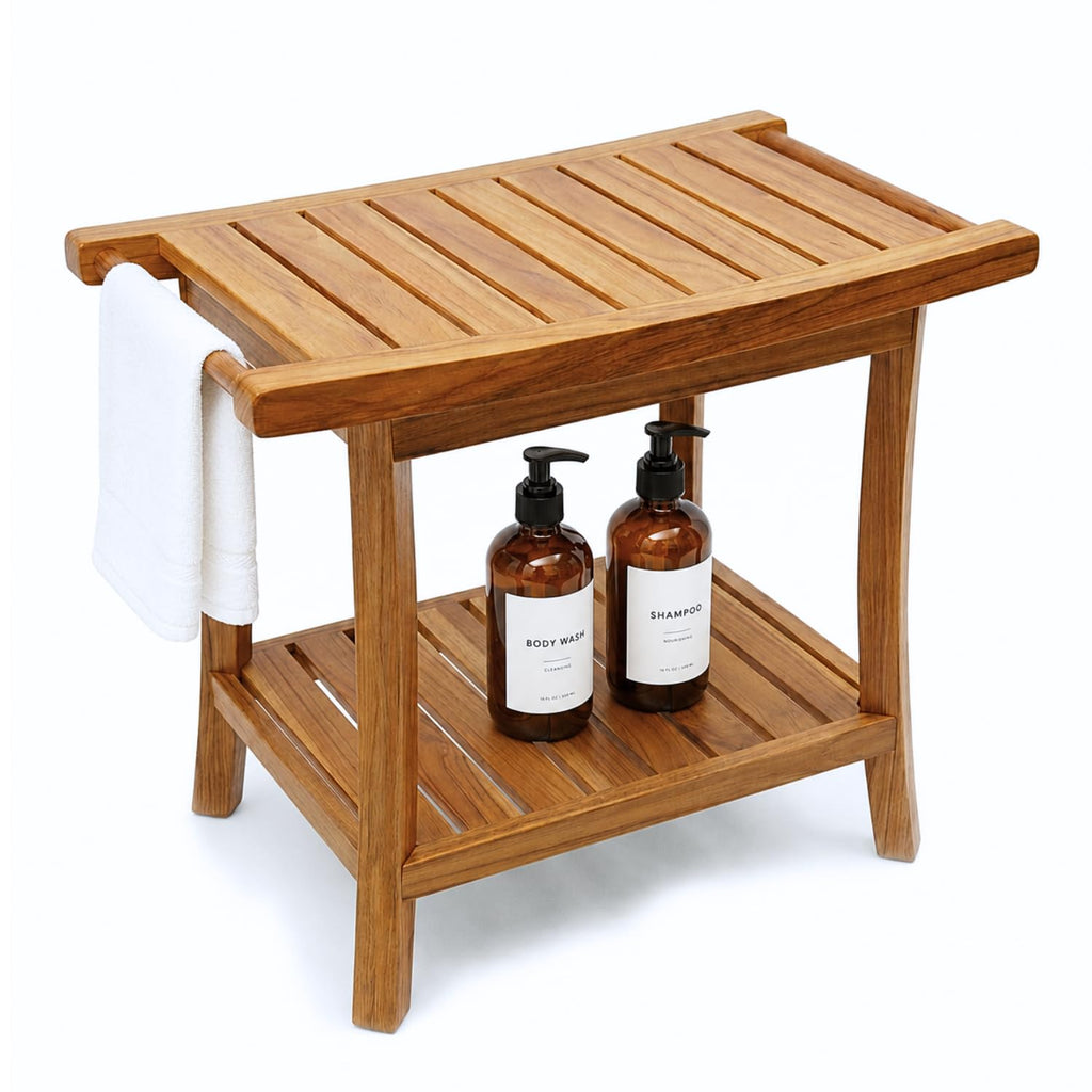 22-Inch Teak Shower Bench with Storage Shelf X382593
