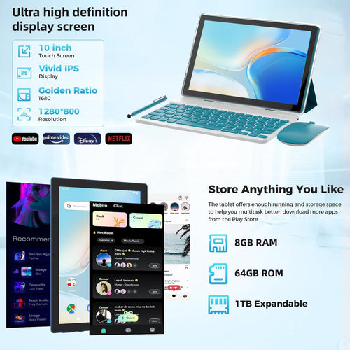 10 Inch Android Tablet with Keyboard Mouse Case Stylus X98060