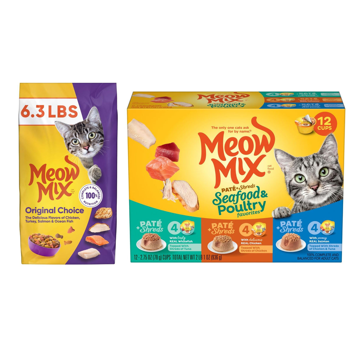Dry Cat Food 6.3 Pound Bag + Wet Cat Food Variety Pack 2.75 Ounce Cups A7553