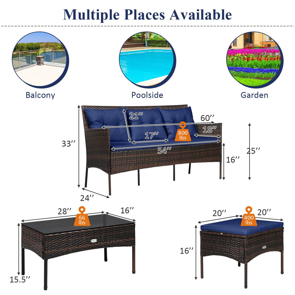 3 Pieces PE Rattan Wicker Patio Conversation Set with Cushions R5882