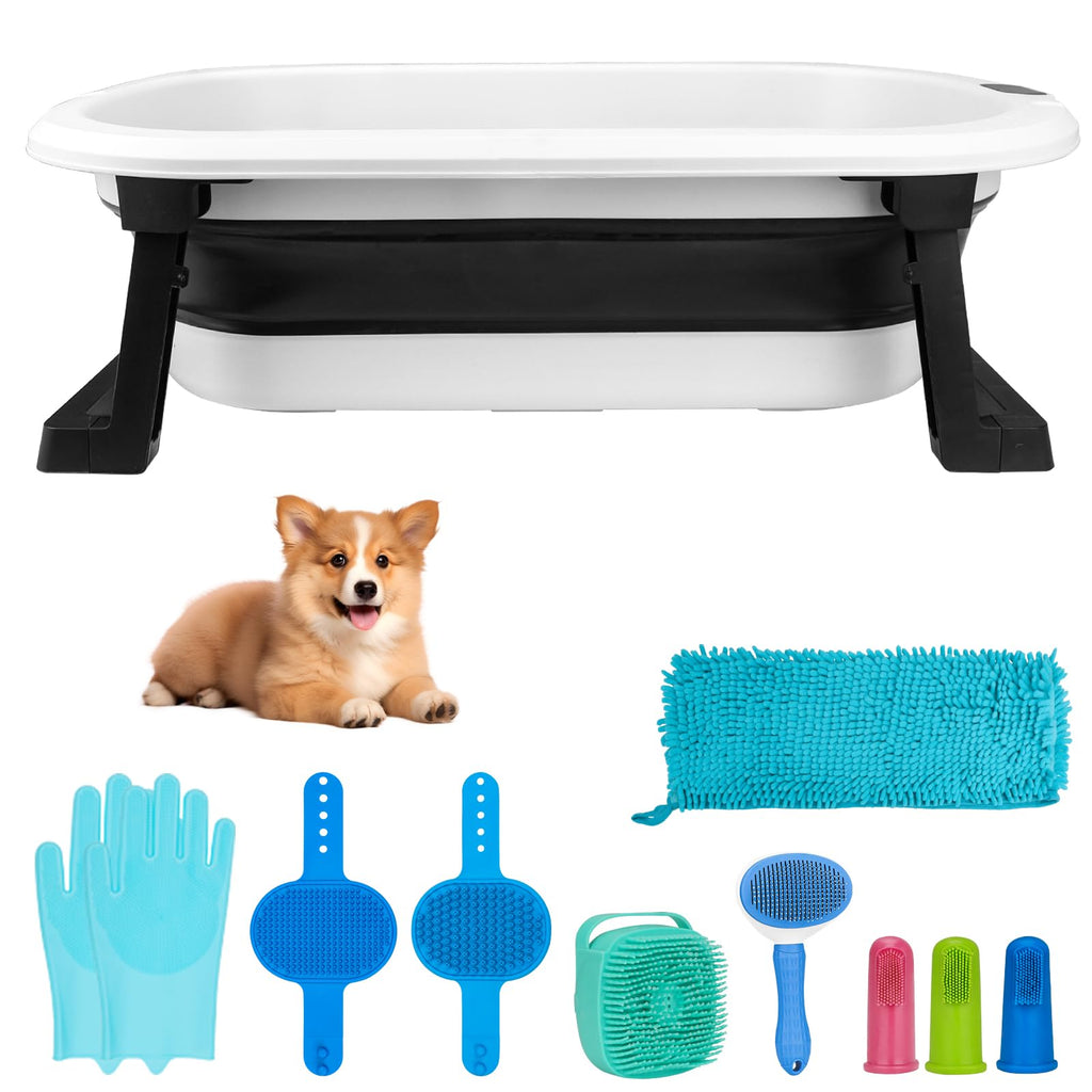 Collapsible Pet Bathtub with Water Drain Plug and Grooming Brush O538
