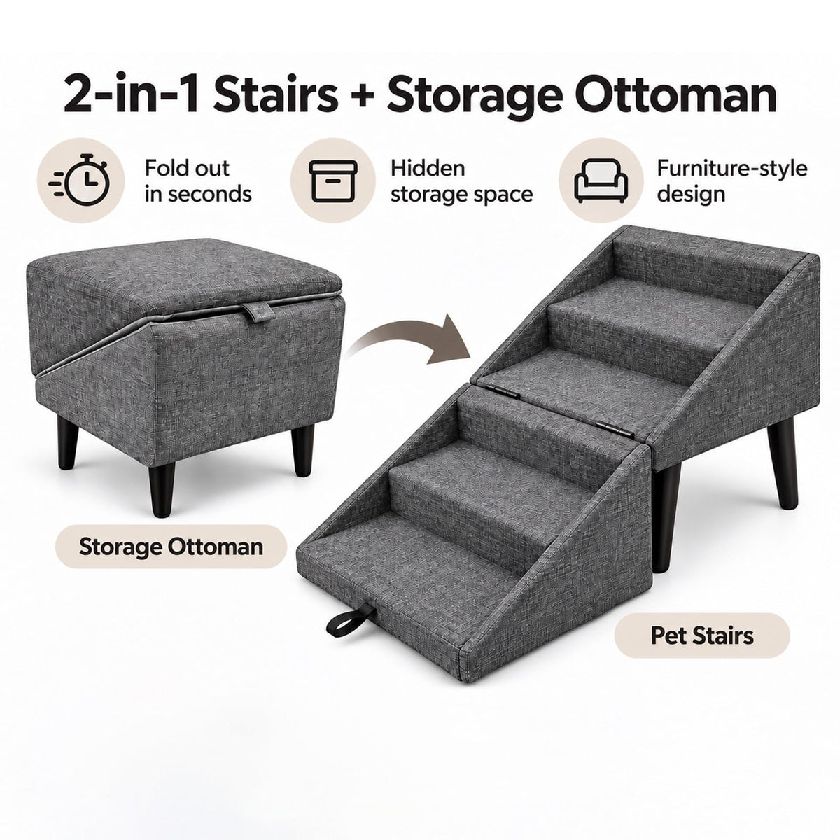 Foldable Dog Stairs Ottoman 2 in 1 Pet Steps with Storage B205159