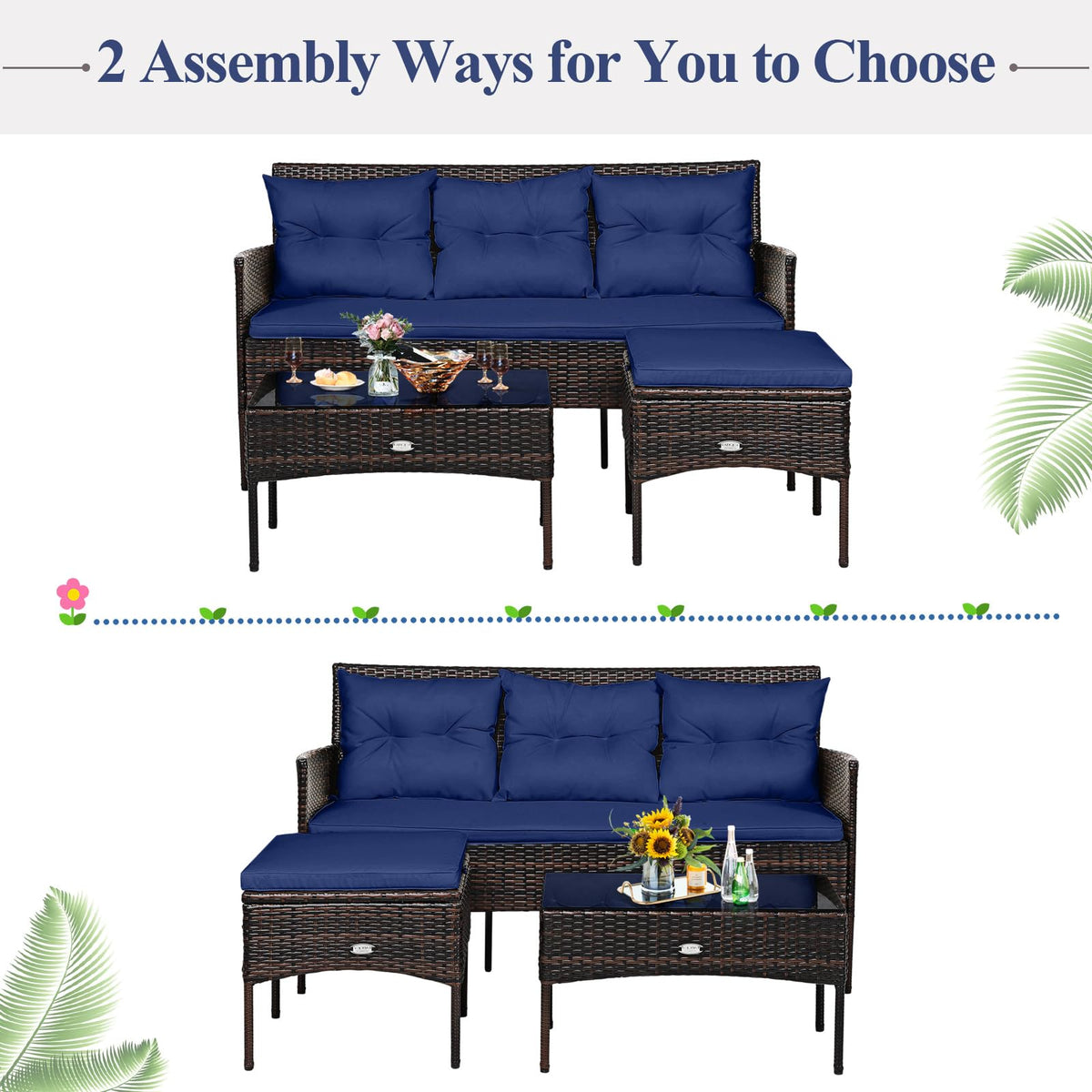 3 Pieces PE Rattan Wicker Patio Conversation Set with Cushions R5882