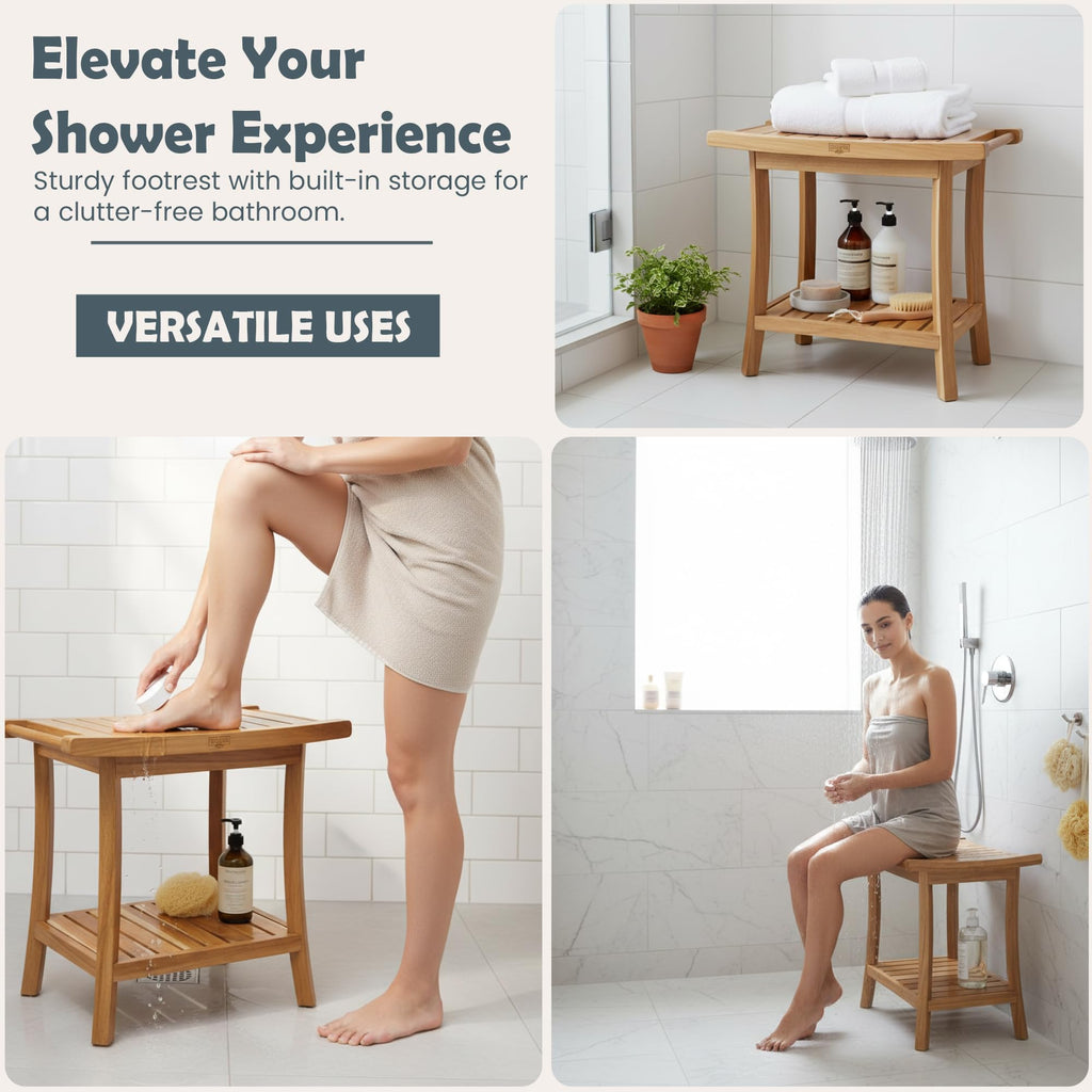 22-Inch Teak Shower Bench with Storage Shelf X382593