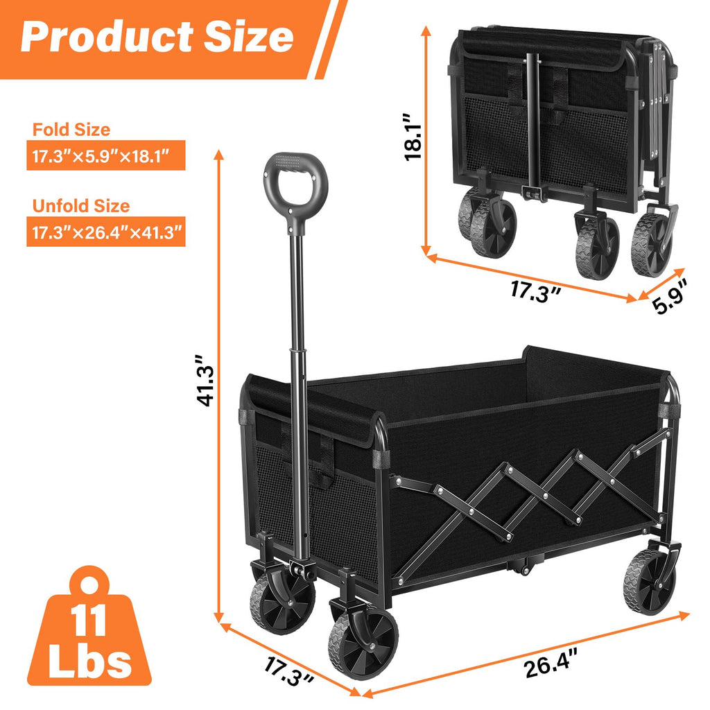 Foldable Collapsible Wagon Cart with Wheels, 280 lbs Heavy Duty Capacity, Graphite Black J10200