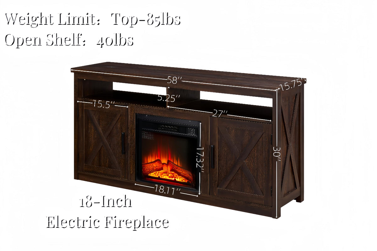 Farmhouse TV Media Stand with 18" Fireplace Insert and Cabinets, Espresso N238