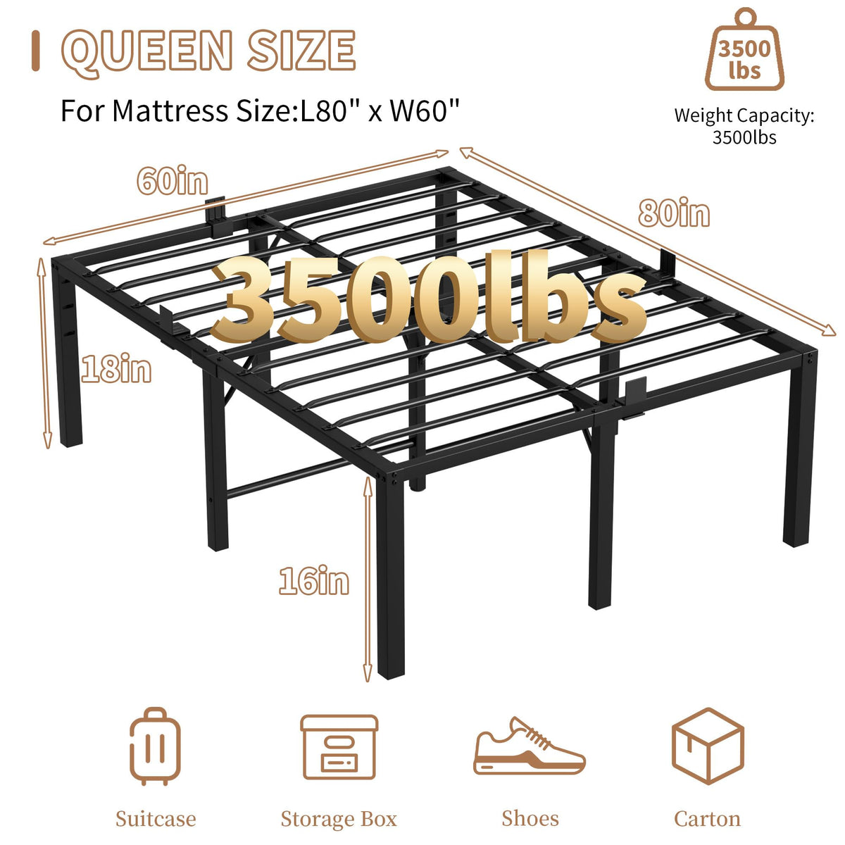 18 Inch Queen Size Black Metal Platform Bed Frame L582