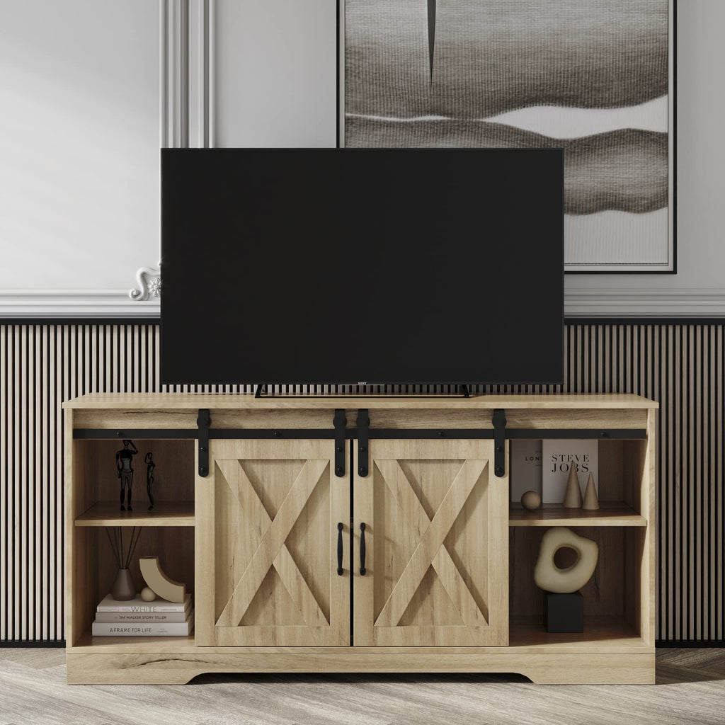 Sliding Barn Door Wood TV Stand with Adjustable Shelves V24498